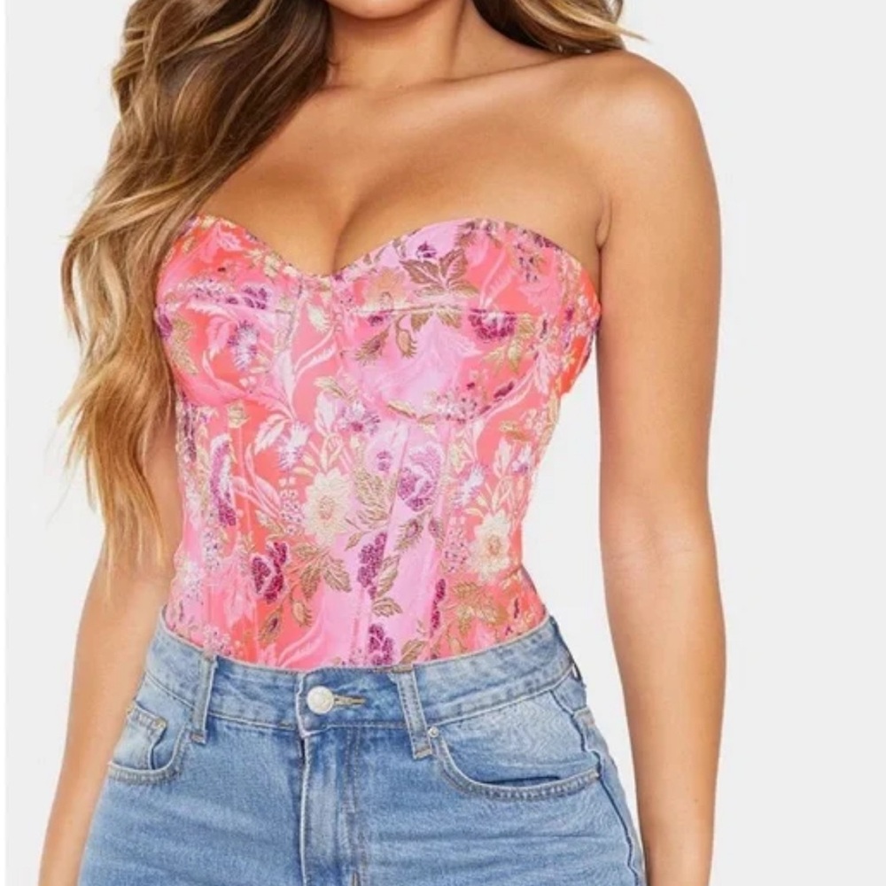 PrettyLittleThing Pink Floral Brocade Corset Top